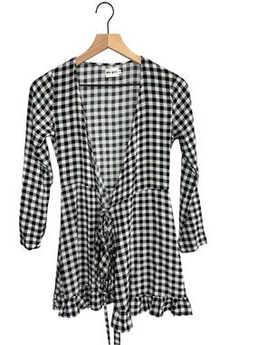 My Girl Black and White Gingham Mini Dress with Tie Front - Size 6